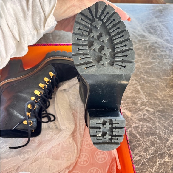 Tory Burch brand Black and Gold Heeled Boots with Chunky Heel - Picture 7 of 11